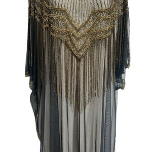 Gold-Embellished Black Sheer Evening Dress